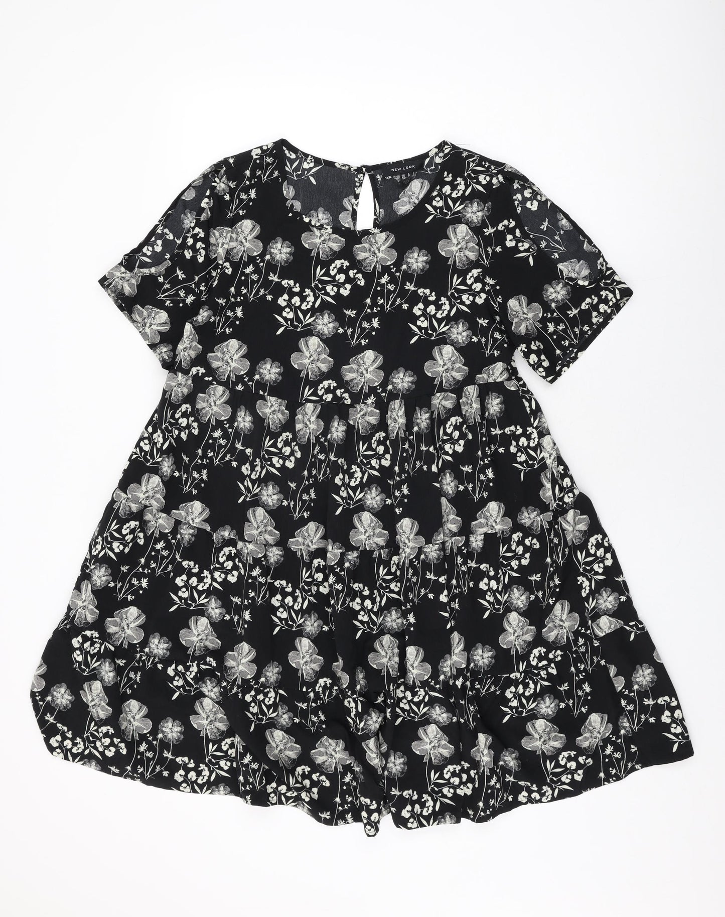 New Look Womens Black Floral Polyester Shift Size 8 Round Neck Button