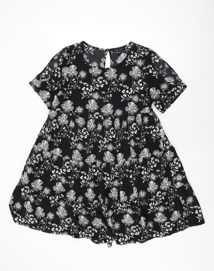 New Look Womens Black Floral Polyester Shift Size 8 Round Neck Button