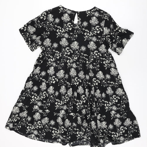 New Look Womens Black Floral Polyester Shift Size 8 Round Neck Button
