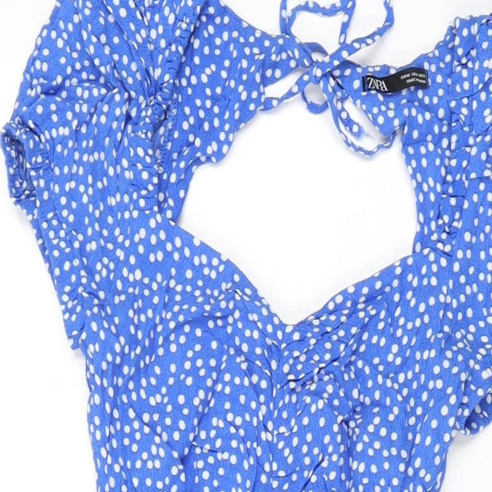 Zara Womens Blue Polka Dot Viscose Shift Size M Sweetheart Zip