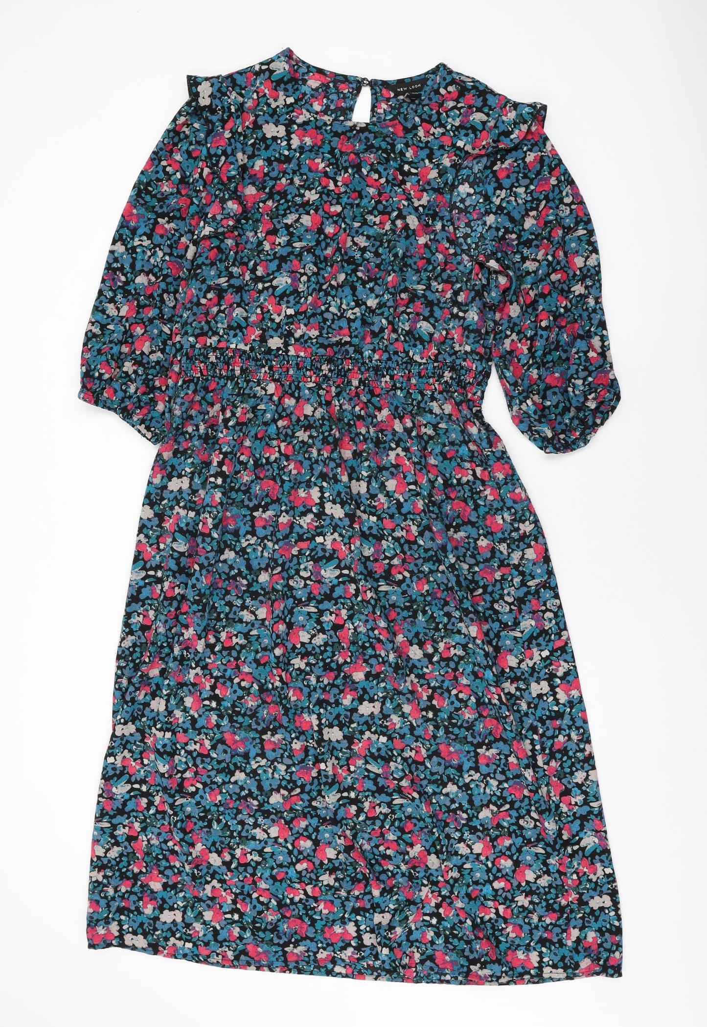 New Look Womens Black Floral Polyester A-Line Size 14 Round Neck Button