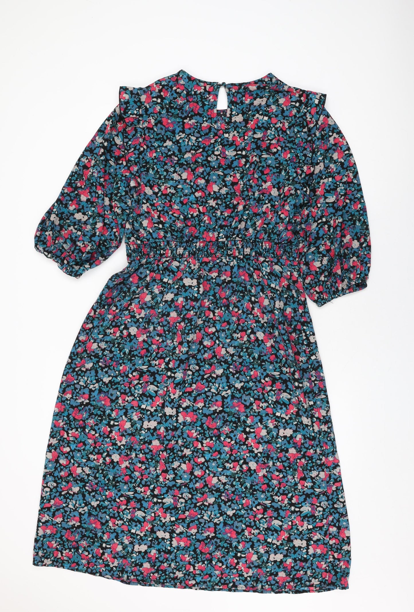 New Look Womens Black Floral Polyester A-Line Size 14 Round Neck Button