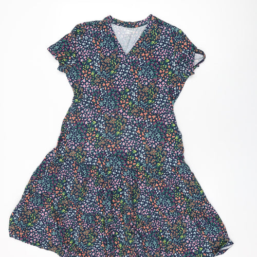 Lands' End Womens Blue Floral Cotton Shift Size XS V-Neck Pullover