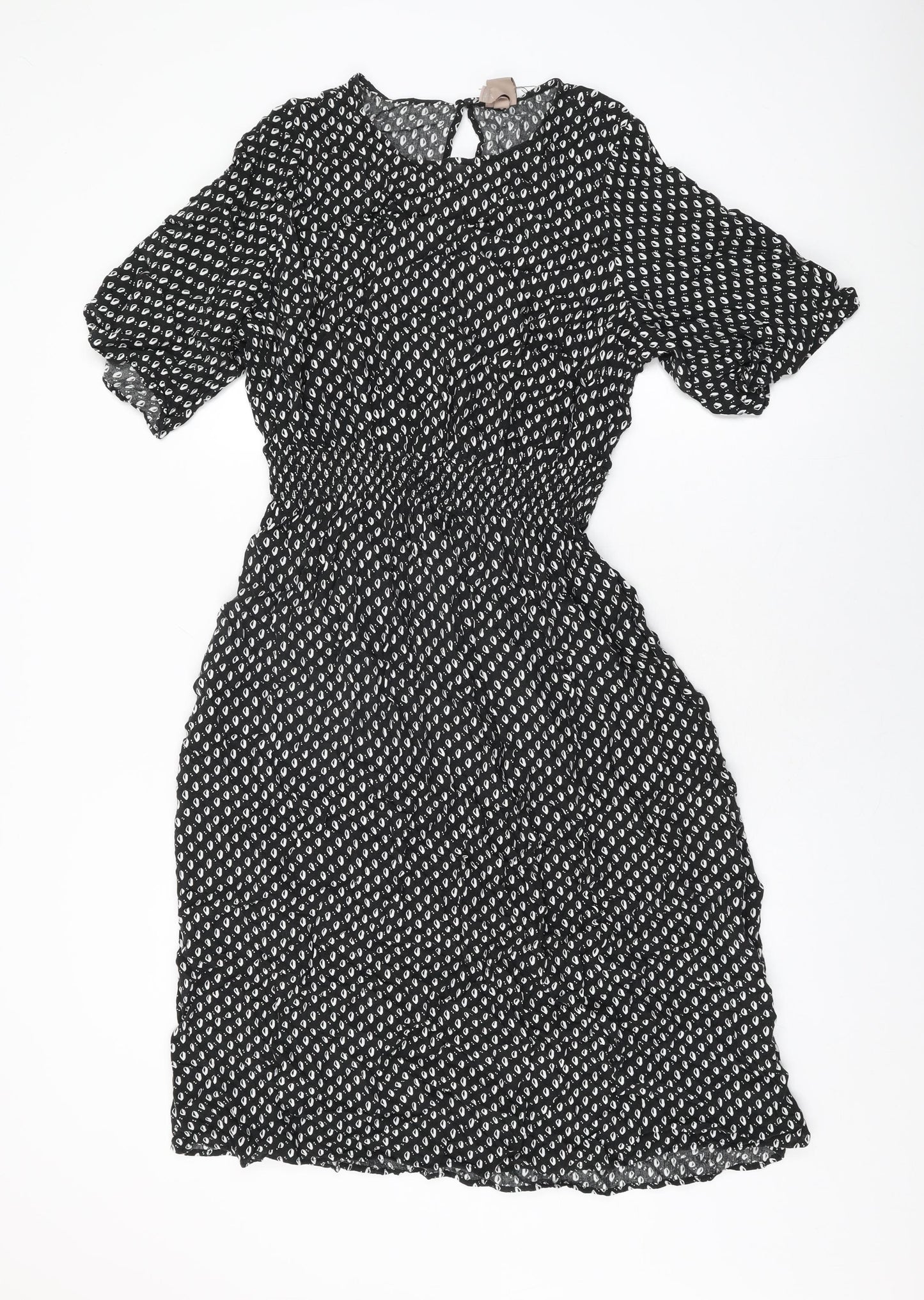 H&M Womens Black Geometric Viscose A-Line Size L Round Neck Button