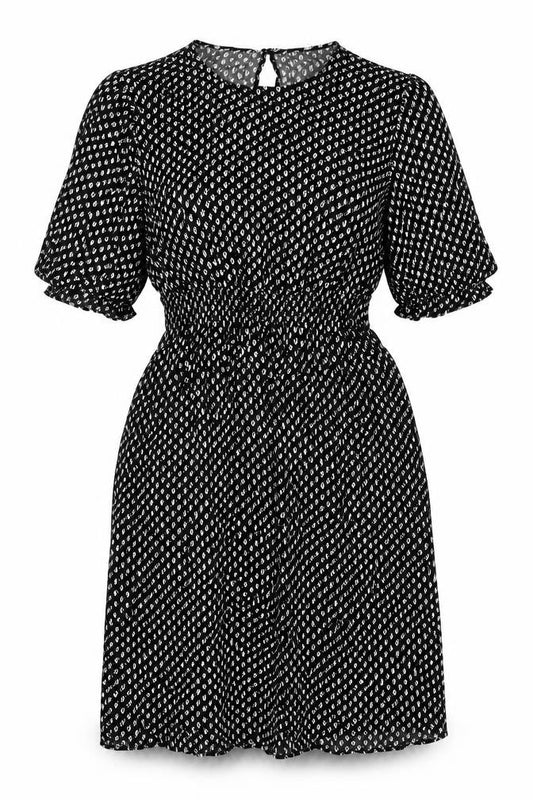 Front view of H&M women’s black geometric viscose a-line, size L, round neck button