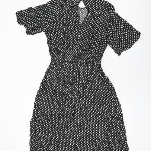 H&M Womens Black Geometric Viscose A-Line Size L Round Neck Button