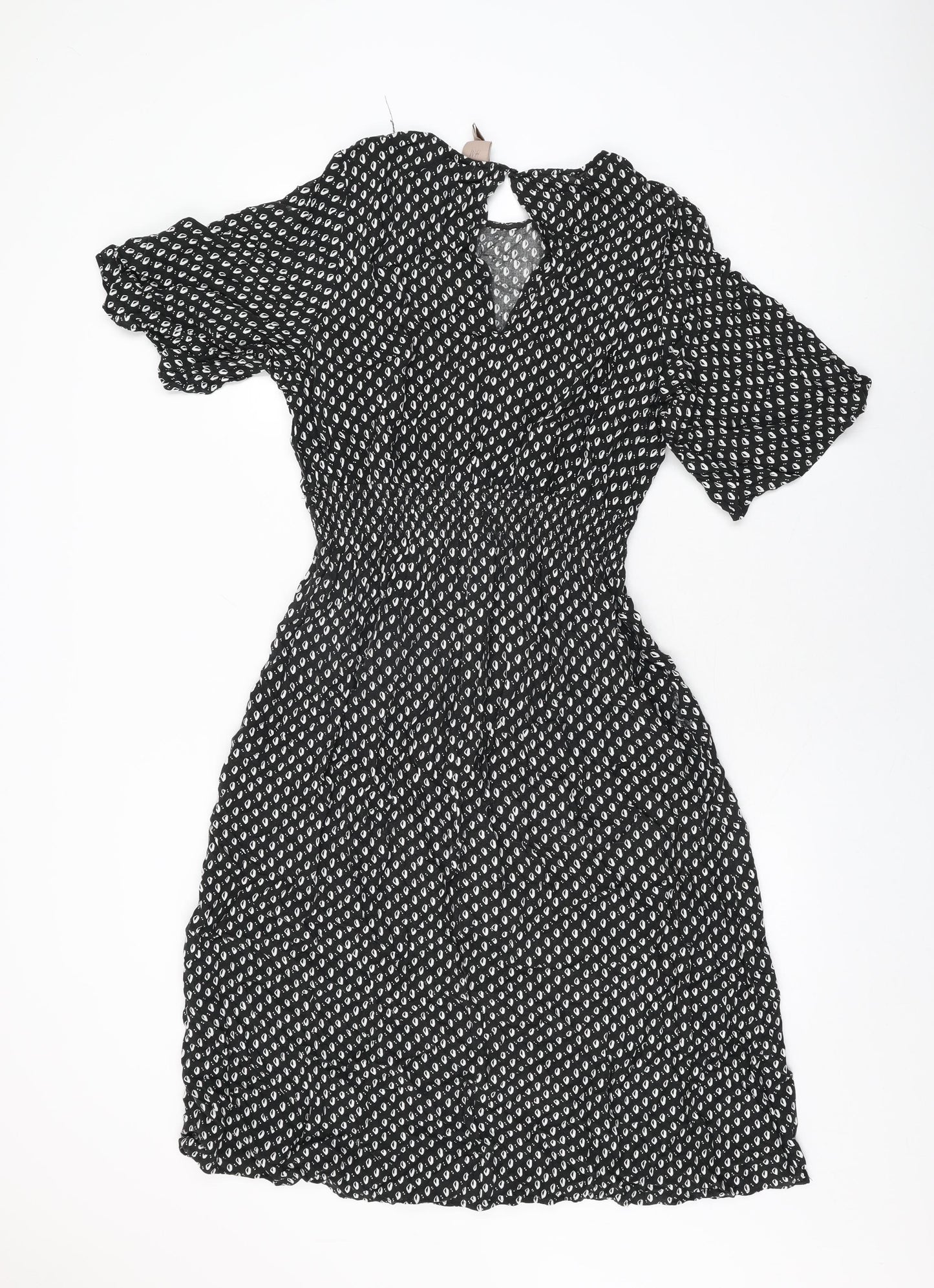 H&M Womens Black Geometric Viscose A-Line Size L Round Neck Button