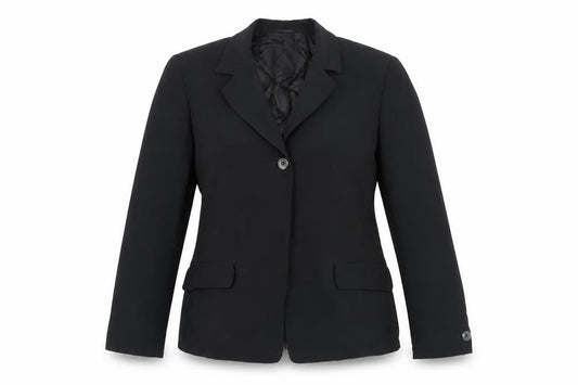Front view of Caractére women’s black jacket blazer, size UK 12, button