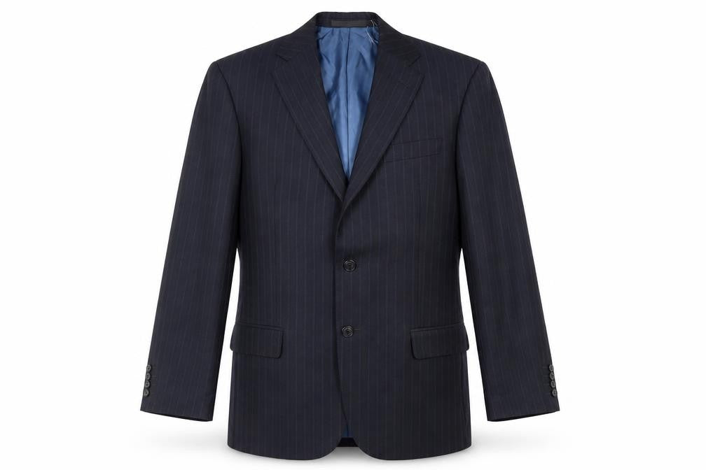 Front view of Marks & Spencer men’s blue striped polyester jacket suit jacket, size 38, regular