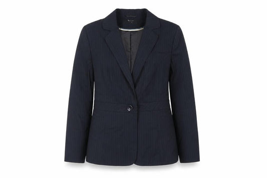 Front view of BHS women’s blue striped jacket blazer, size UK 18, button