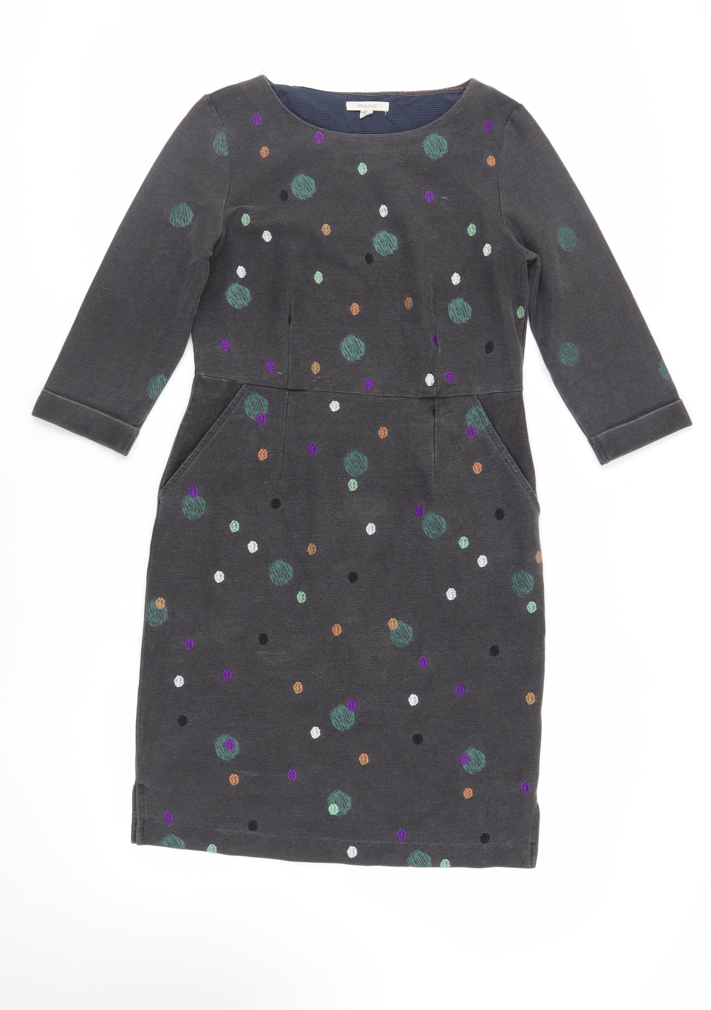 White Stuff Womens Grey Polka Dot Polyester Pencil Dress Size 10 Boat Neck - Pockets