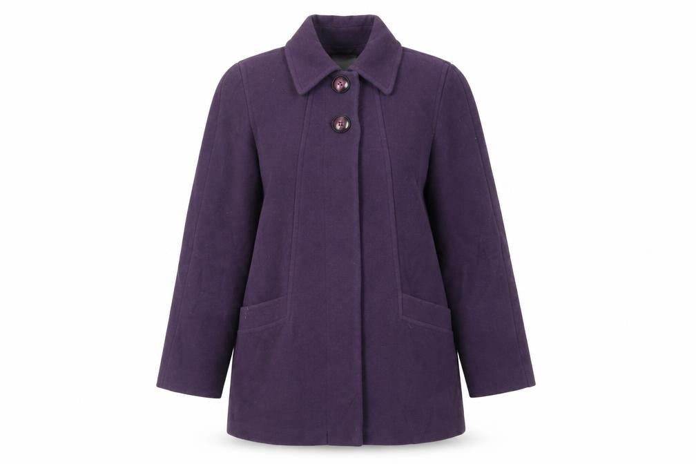 Front view of BHS women’s purple overcoat coat, size UK 14, button