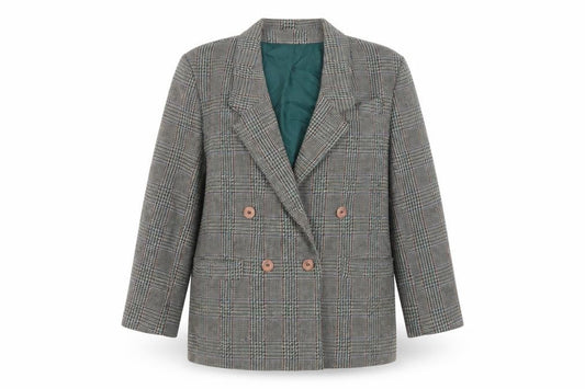 Front view of The Label Collection women’s brown plaid jacket blazer, size UK 18, button - vintage