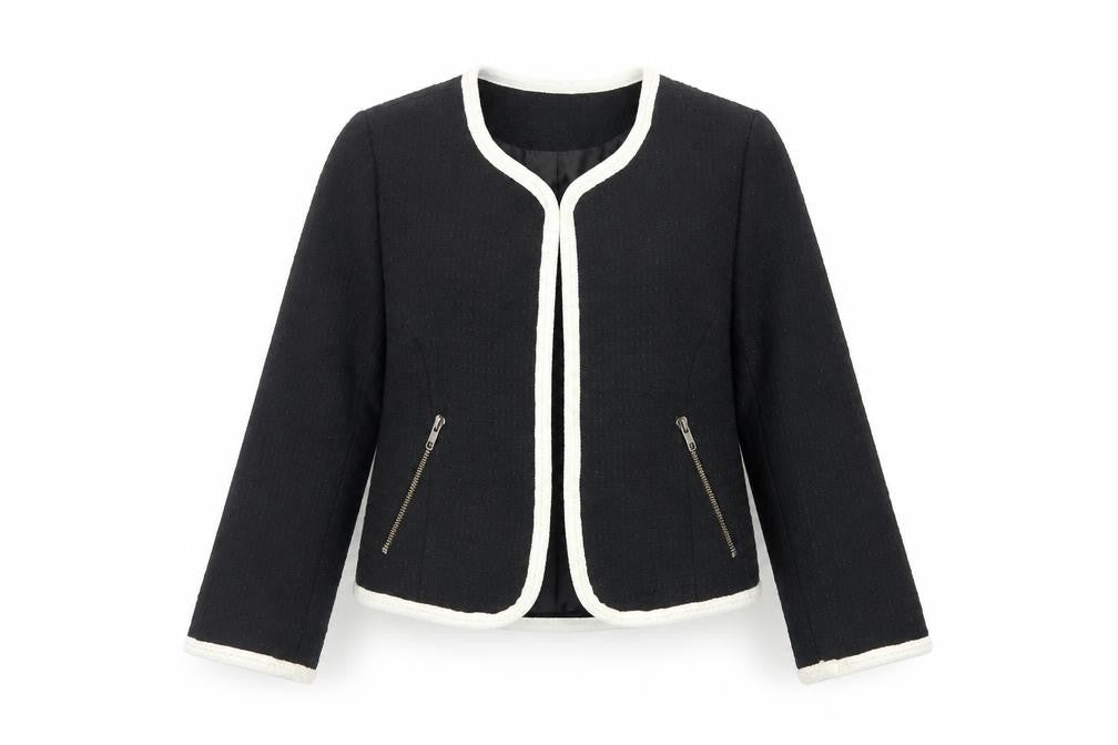 Front view of H&M women’s black jacket blazer, size UK 10, hook & eye - contrasting trim