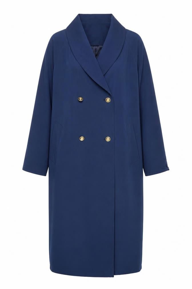 Front view of Telemac women’s blue overcoat coat, size UK 12, button