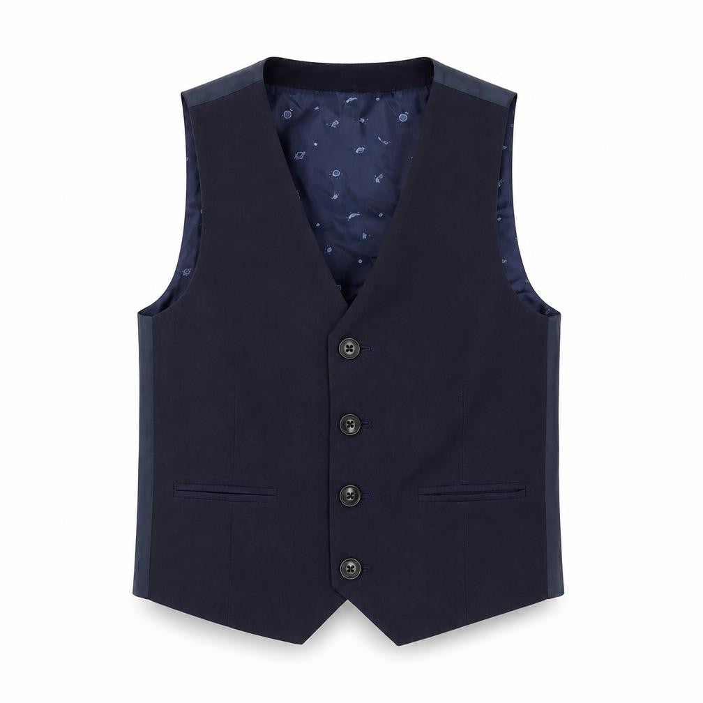 Front view of Next boys’ blue jacket waistcoat, size 5, years button