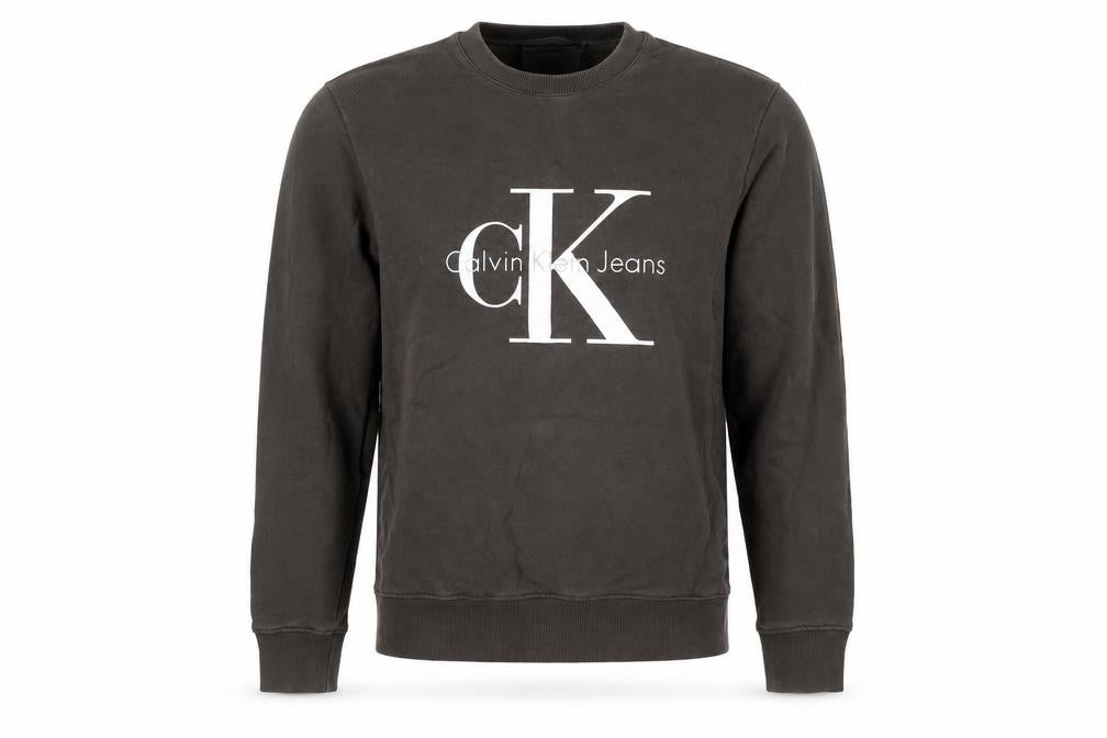 Front view of Calvin Klein Jeans men’s green cotton pullover sweatshirt, size XS, - logo