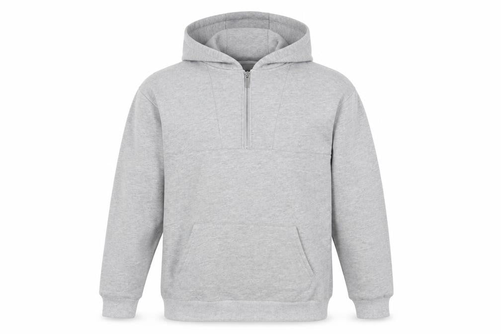 Front view of Maniere De Voir men’s grey cotton pullover hoodie, size L, - pockets