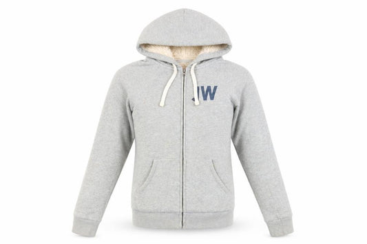 Front view of Jack Wills women’s grey cotton full zip hoodie, size UK 6, zip - fluffy lining