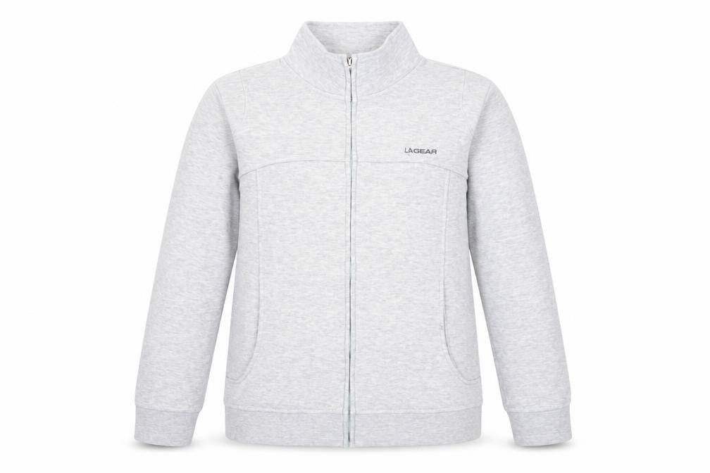 Front view of LA Gear women’s grey polyester full zip sweatshirt, size UK 14, zip - logo pockets