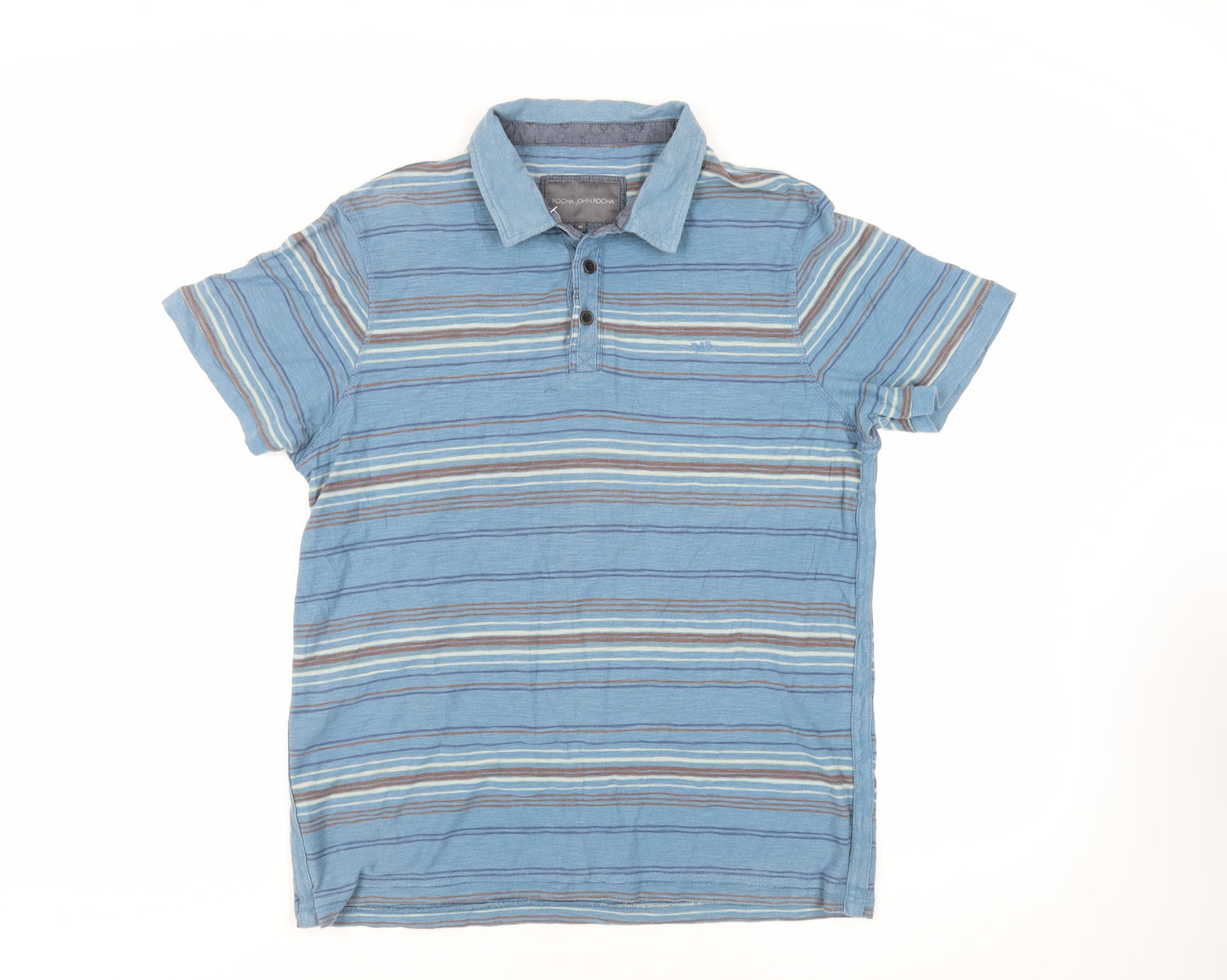 RJR.John Rocha Mens Blue Striped Cotton Polo Size M Collared Button