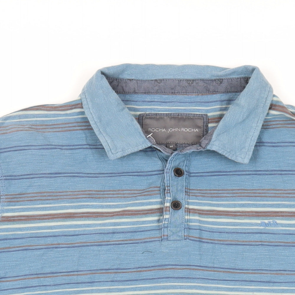 RJR.John Rocha Mens Blue Striped Cotton Polo Size M Collared Button