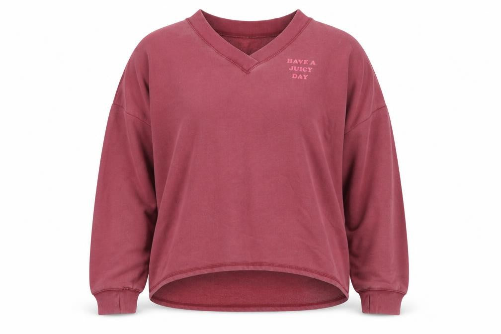 Front view of Juicy Couture women’s pink cotton pullover sweatshirt, size M, pullover