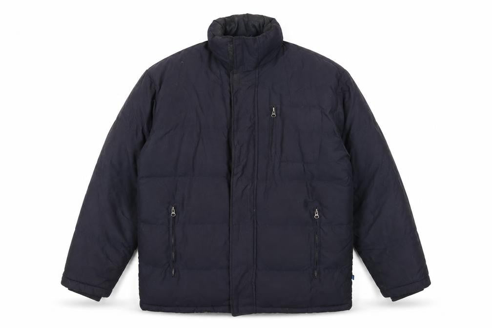 Front view of Ocean Bay men’s black puffer jacket jacket, size XL, zip