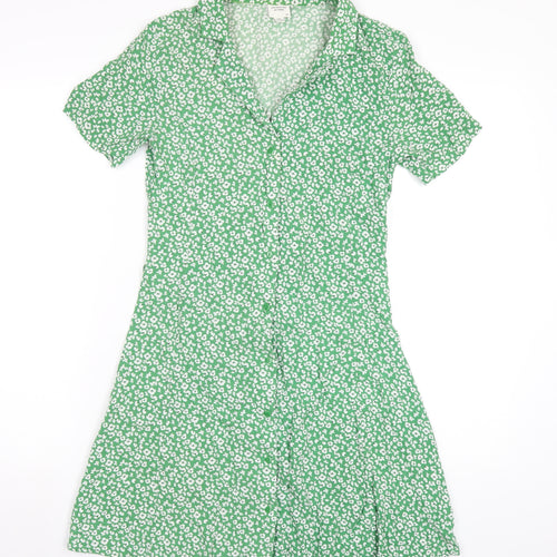 VERO MODA Womens Green Floral Viscose Shirt Dress Size 8 Collared Button