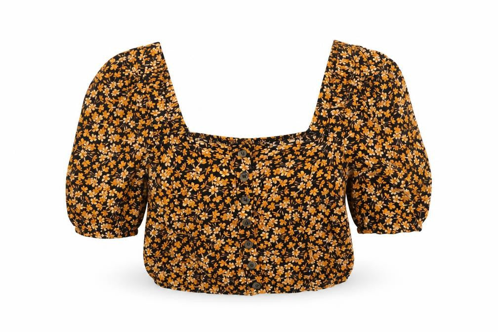 Urban Outfitters Womens Orange Floral Viscose Cropped T-Shirt Size XS Square Neck