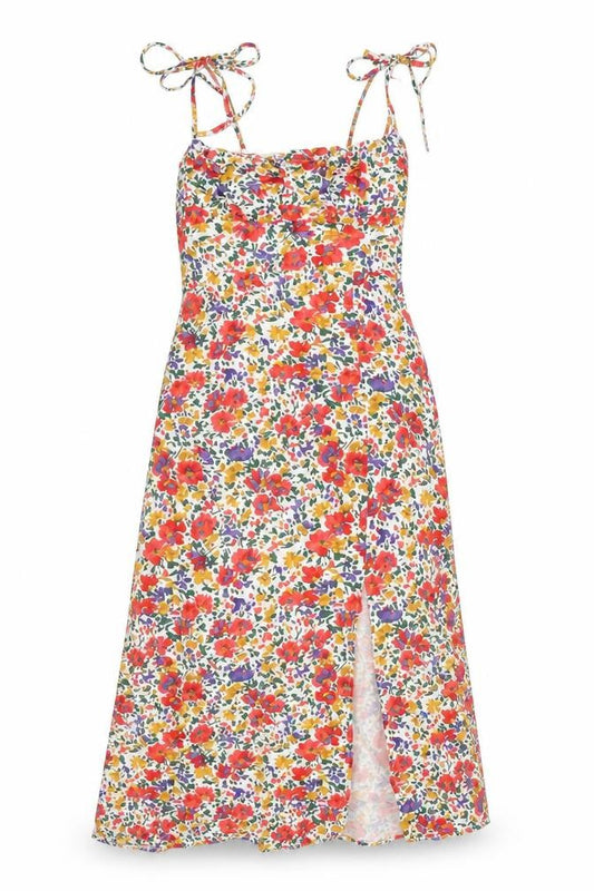 Front view of Urban Revivo women’s multicoloured floral viscose a-line, size UK 6, square neck zip