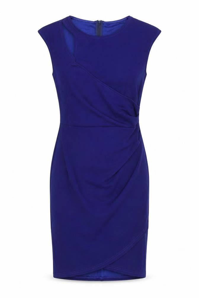 Front view of Jasambac women’s blue polyester bodycon, size UK 12, round neck zip