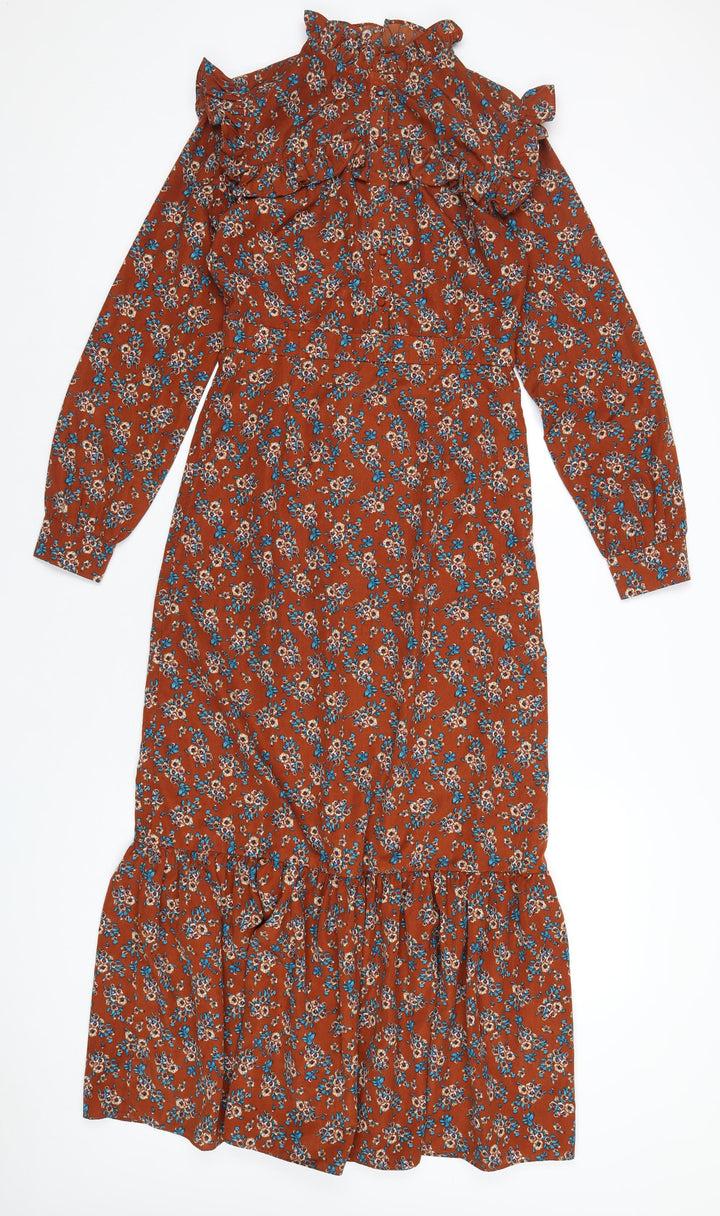 Daphnea Womens Brown Geometric Polyurethane A-Line Size S Mock Neck Zip