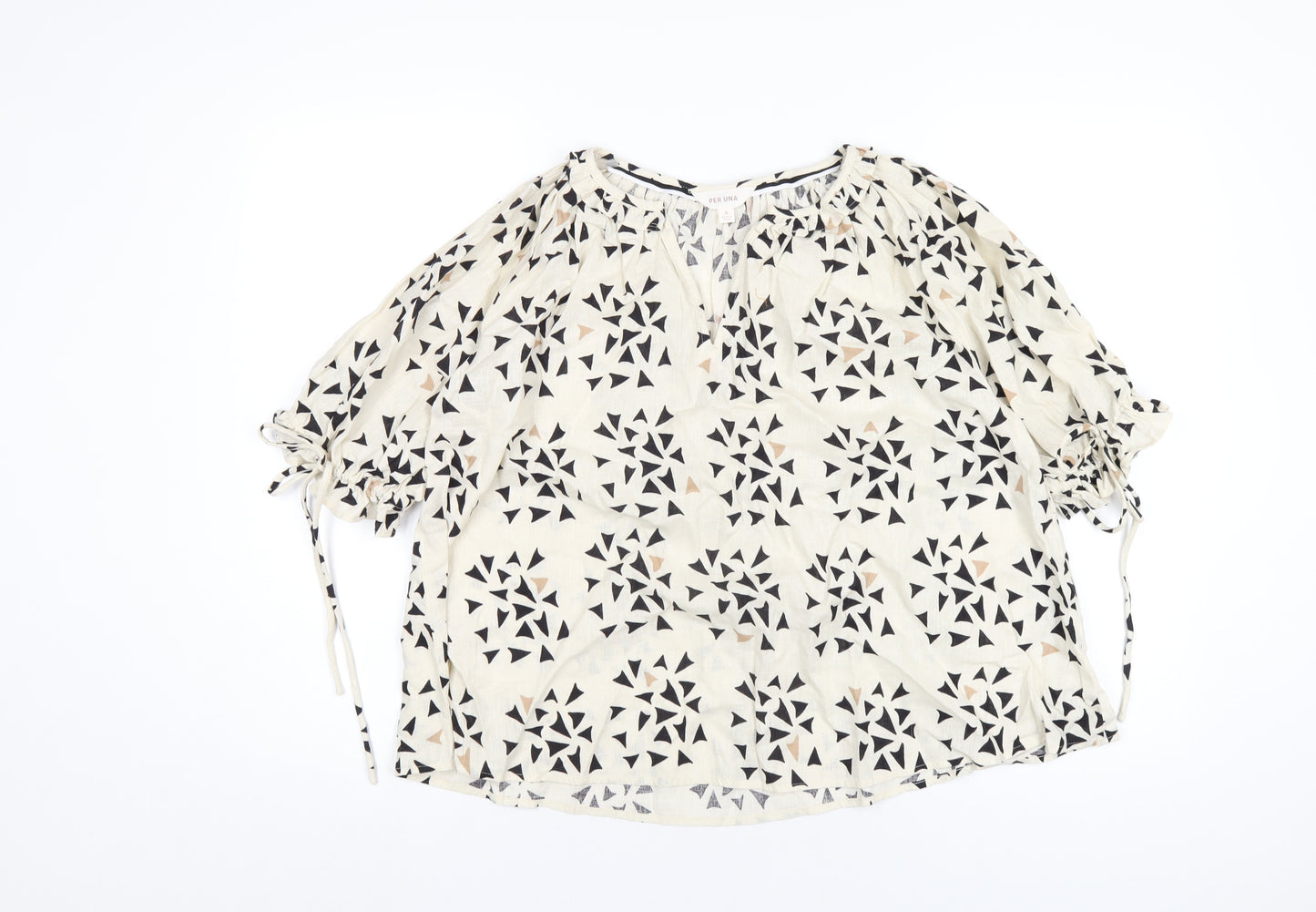 Per Una Womens Ivory Geometric Linen Basic T-Shirt Size 8 V-Neck