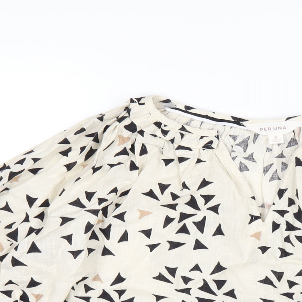 Per Una Womens Ivory Geometric Linen Basic T-Shirt Size 8 V-Neck