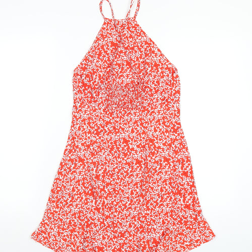 Zara Womens Red Floral Polyester A-Line Size S Round Neck Zip
