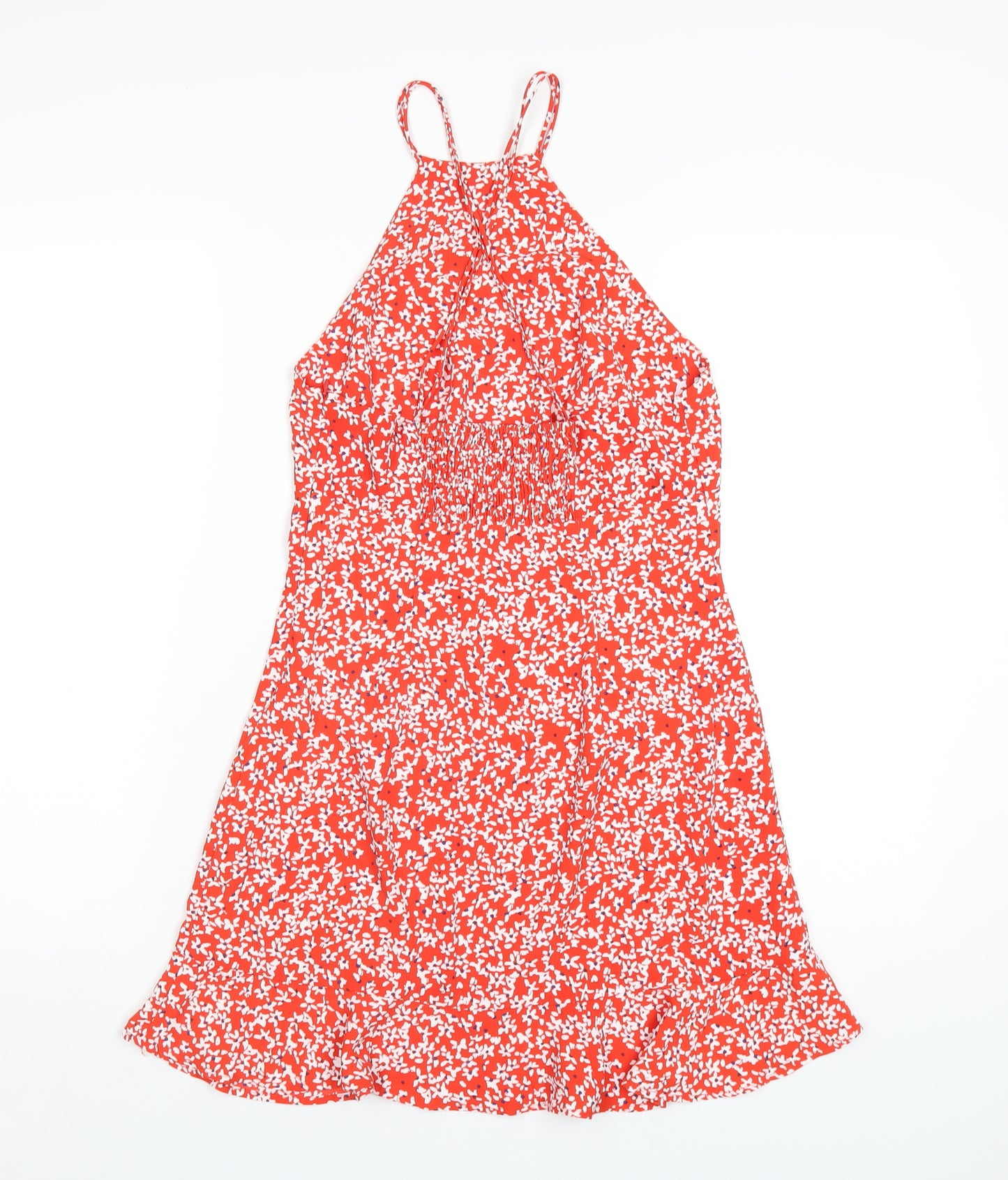 Zara Womens Red Floral Polyester A-Line Size S Round Neck Zip