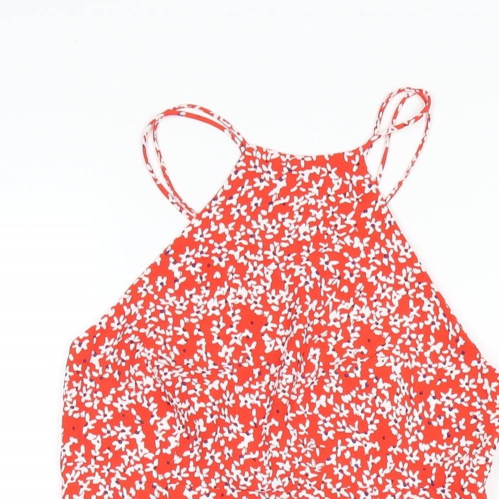 Zara Womens Red Floral Polyester A-Line Size S Round Neck Zip