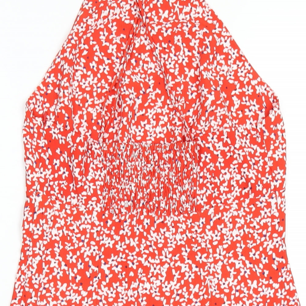 Zara Womens Red Floral Polyester A-Line Size S Round Neck Zip