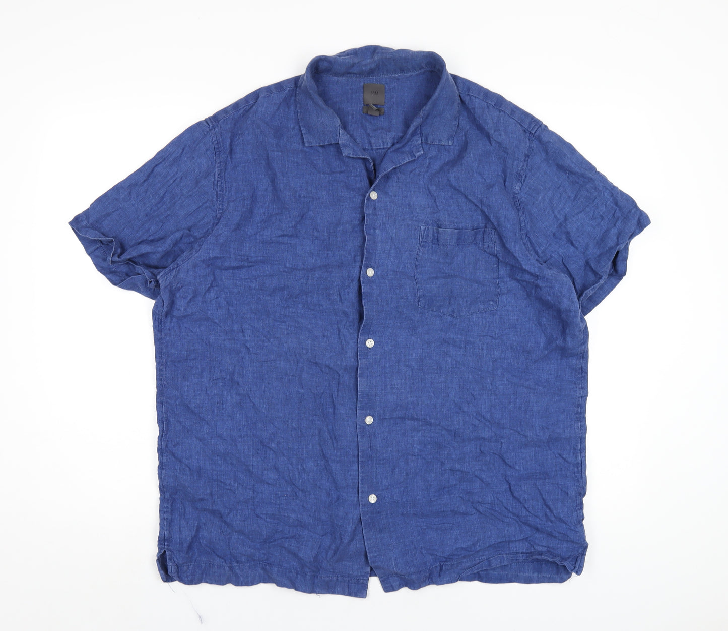 H&M Mens Blue Linen Button-Up Size L Collared Button