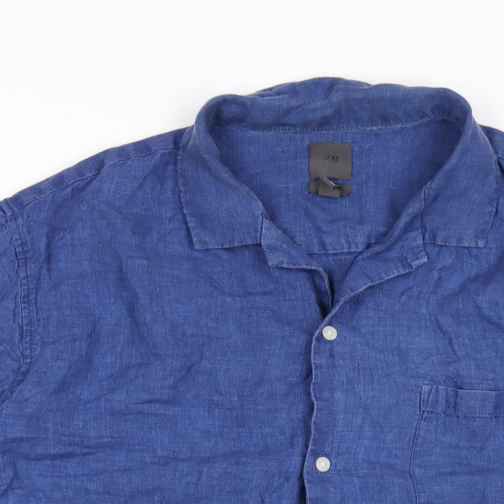 H&M Mens Blue Linen Button-Up Size L Collared Button