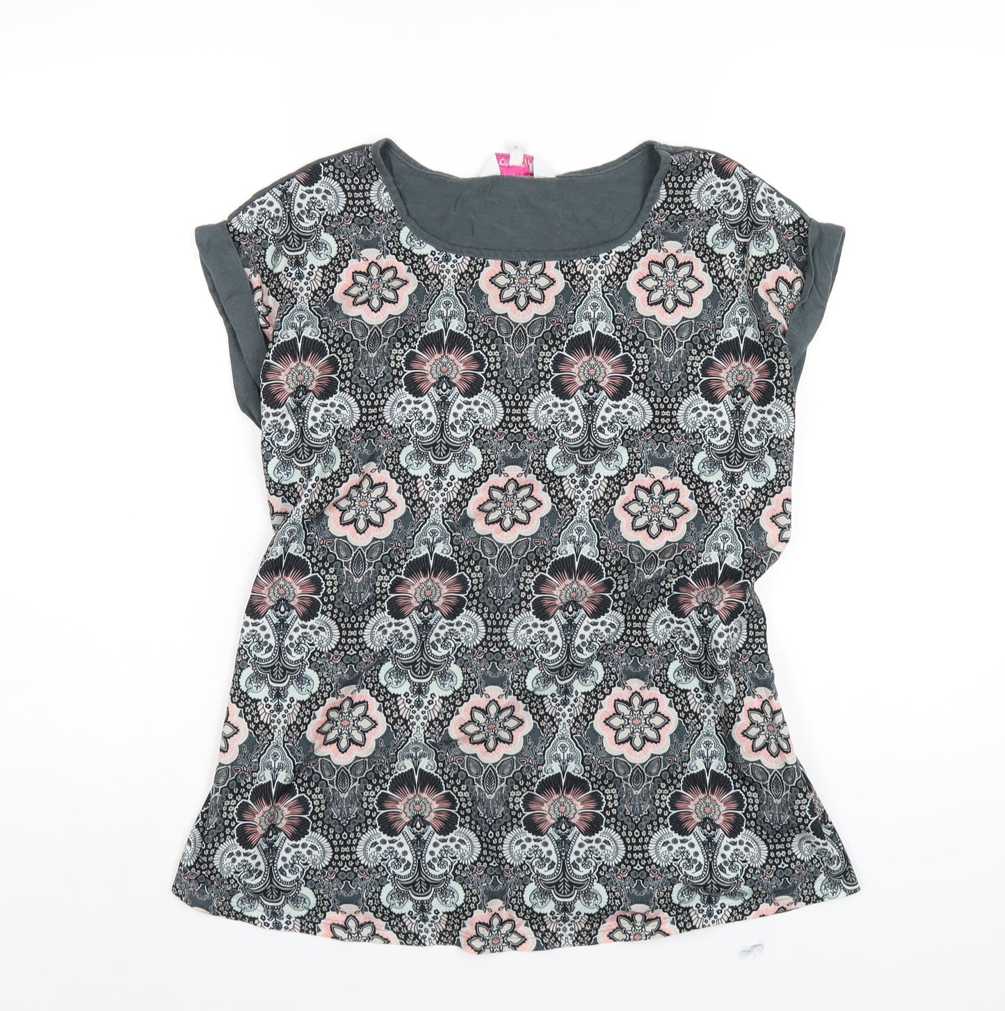 Red Herring Womens Grey Geometric Polyester Basic T-Shirt Size 12 Round Neck