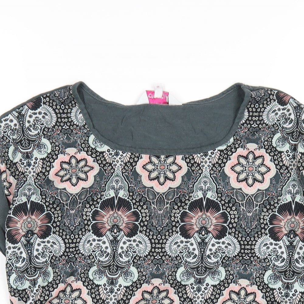 Red Herring Womens Grey Geometric Polyester Basic T-Shirt Size 12 Round Neck