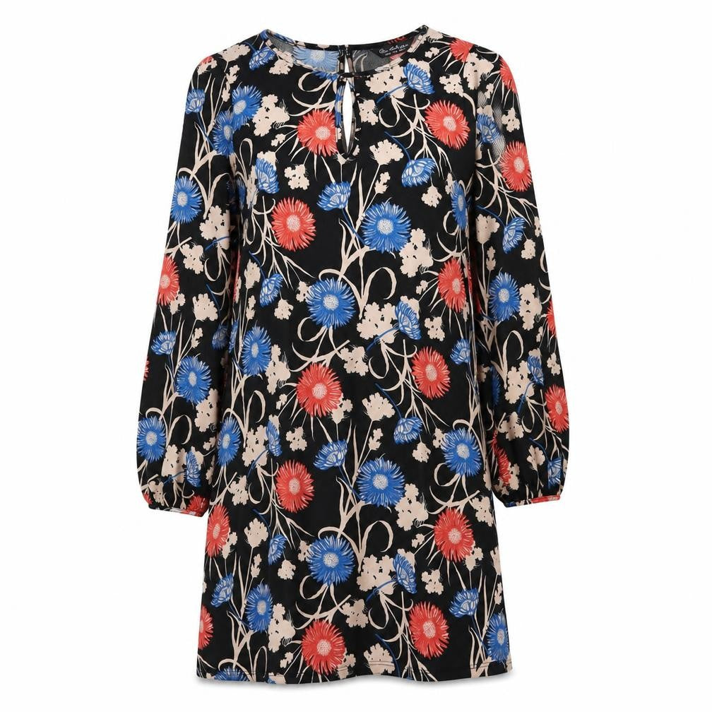 Front view of Miss Selfridge women’s multicoloured geometric polyester a-line, size UK 8, round neck button