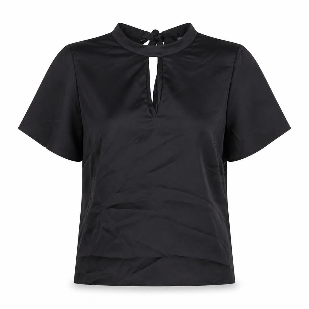 Front view of Friends Like These women’s black polyester basic t-shirt, size UK 8, round neck