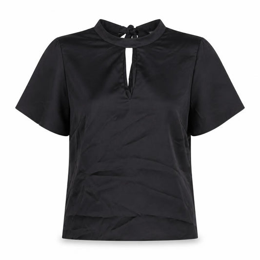 Front view of Friends Like These women’s black polyester basic t-shirt, size UK 8, round neck