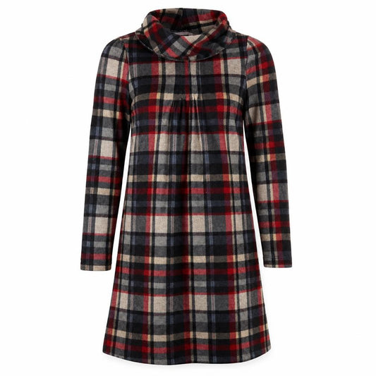 Front view of Studio women’s multicoloured plaid polyester a-line, size UK 8, roll neck pullover