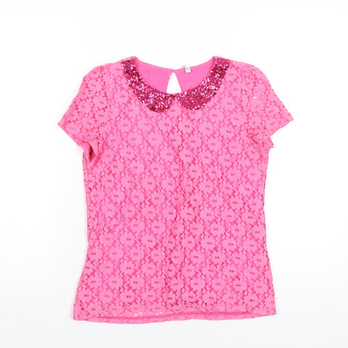 Marks and Spencer Girls Pink Cotton Basic T-Shirt Size 13-14 Years Round Neck Button