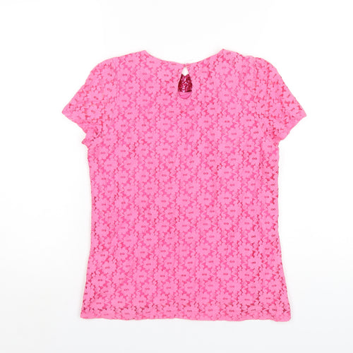 Marks and Spencer Girls Pink Cotton Basic T-Shirt Size 13-14 Years Round Neck Button