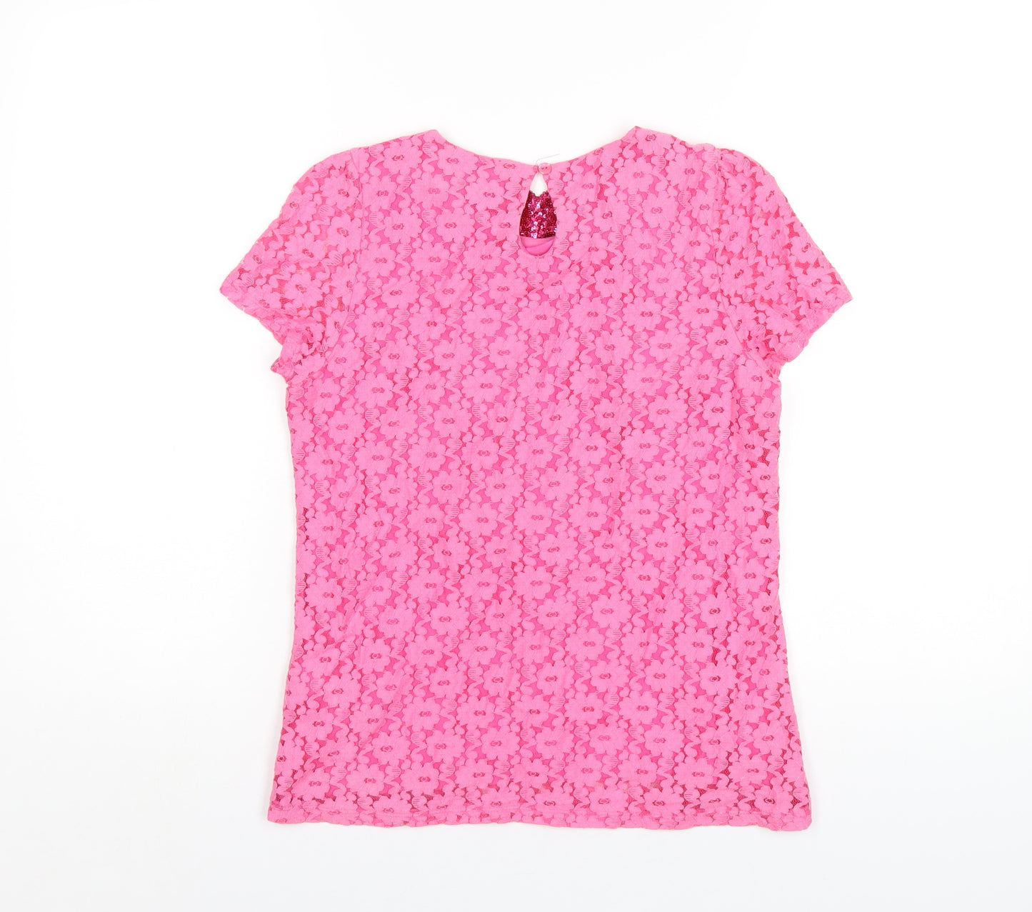 Marks and Spencer Girls Pink Cotton Basic T-Shirt Size 13-14 Years Round Neck Button